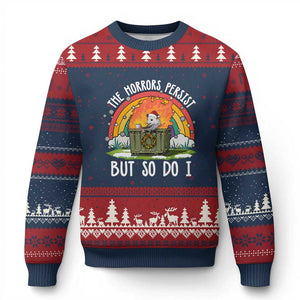 Funny Xmas Opossum Ugly Christmas Sweater The Horrors Persist But So Do I Dumpster Fire Rainbow TS11 Navy Red Print Your Wear