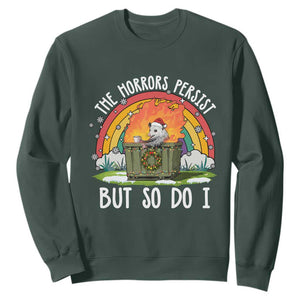 Funny Christmas Opossum Sweatshirt The Horrors Persist But So Do I Dumpster Fire Rainbow TS11 Dark Forest Green Print Your Wear