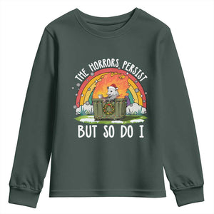 Funny Christmas Opossum Youth Sweatshirt The Horrors Persist But So Do I Dumpster Fire Rainbow TS11 Dark Forest Green Print Your Wear