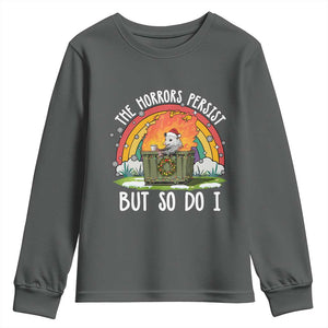 Funny Christmas Opossum Youth Sweatshirt The Horrors Persist But So Do I Dumpster Fire Rainbow TS11 Dark Heather Print Your Wear