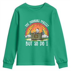 Funny Christmas Opossum Youth Sweatshirt The Horrors Persist But So Do I Dumpster Fire Rainbow TS11 Irish Green Print Your Wear