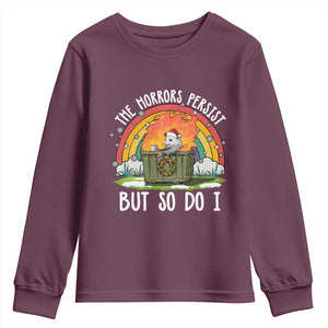 Funny Christmas Opossum Youth Sweatshirt The Horrors Persist But So Do I Dumpster Fire Rainbow TS11 Maroon Print Your Wear