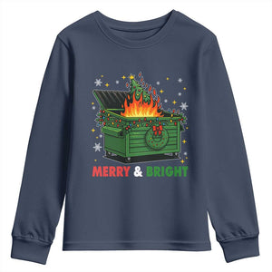 Funny Lil Dumpster Fire Christmas Youth Sweatshirt Merry And Bright Xmas Tree TS11 Navy Print Your Wear