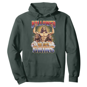Funny Muscle Jesus Workout Hoodie Hallowed Be Thy Gains Weightlifting Humor TS11 Dark Forest Green Print Your Wear