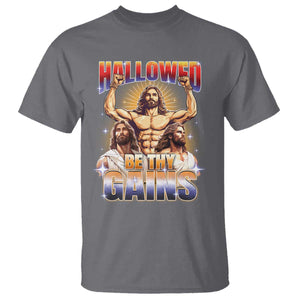 Funny Muscle Jesus Workout T Shirt Hallowed Be Thy Gains Weightlifting Humor TS11 Charcoal Print Your Wear