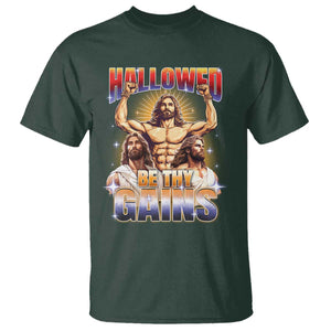 Funny Muscle Jesus Workout T Shirt Hallowed Be Thy Gains Weightlifting Humor TS11 Dark Forest Green Print Your Wear