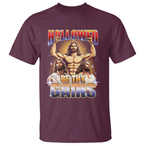 Funny Muscle Jesus Workout T Shirt Hallowed Be Thy Gains Weightlifting Humor TS11 Maroon Print Your Wear