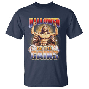 Funny Muscle Jesus Workout T Shirt Hallowed Be Thy Gains Weightlifting Humor TS11 Navy Print Your Wear