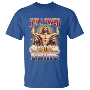 Funny Muscle Jesus Workout T Shirt Hallowed Be Thy Gains Weightlifting Humor TS11 Royal Blue Print Your Wear