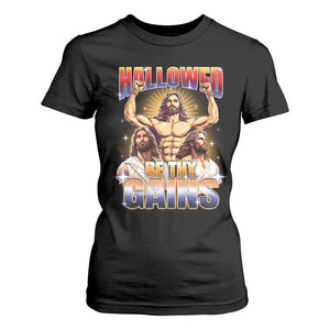 Funny Muscle Jesus Workout T Shirt For Women Hallowed Be Thy Gains Weightlifting Humor TS11 Black Print Your Wear