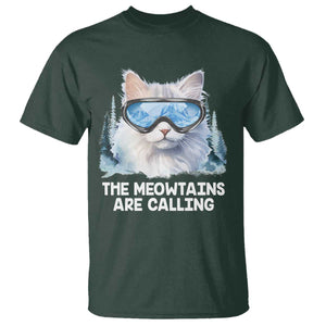Funny Skiing Snowboarding Cat T Shirt The Meowtains Are Calling Ski Goggles TS11 Dark Forest Green Print Your Wear