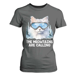 Funny Skiing Snowboarding Cat T Shirt For Women The Meowtains Are Calling Ski Goggles TS11 Dark Heather Print Your Wear