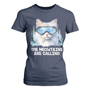 Funny Skiing Snowboarding Cat T Shirt For Women The Meowtains Are Calling Ski Goggles TS11 Navy Print Your Wear