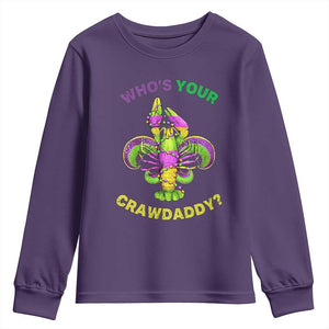Funny Who's Your Crawdaddy Youth Sweatshirt Vintage Crawfish Beads Fleur De Lis Mardi Gras TS11 Purple Print Your Wear