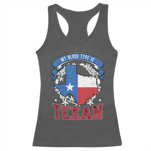 My Blood Types Is Texan Racerback Tank Top Proud American Texan TX Map Bluebonnet TS11 Dark Heather Print Your Wear