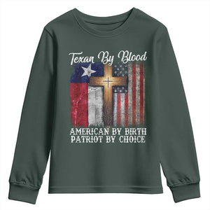 Proud American Texan Jesus Youth Sweatshirt Texan By Blood American By Birth Patriot By Choice Cross TS11 Dark Forest Green Print Your Wear