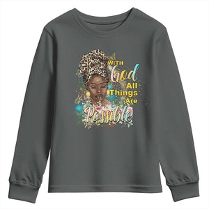 Christian African American Youth Sweatshirt With God All Things Are Possible Black Prayer TS11 Dark Heather Print Your Wear