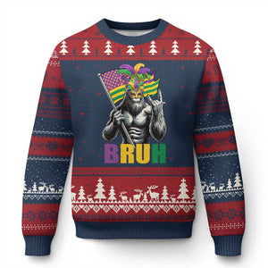Funny Mardi Gras Bigfoot Bruh Ugly Christmas Sweater Sasquatch Carnival NOLA American Flag TS11 Navy Red Print Your Wear