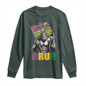 Funny Mardi Gras Bigfoot Bruh Long Sleeve Shirt Sasquatch Carnival NOLA American Flag TS11 Dark Forest Green Print Your Wear