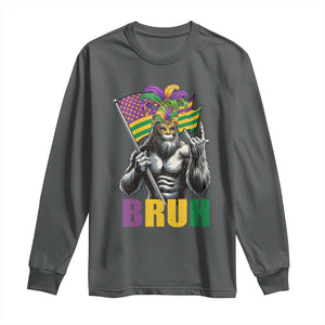 Funny Mardi Gras Bigfoot Bruh Long Sleeve Shirt Sasquatch Carnival NOLA American Flag TS11 Dark Heather Print Your Wear