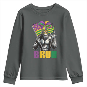 Funny Mardi Gras Bigfoot Bruh Youth Sweatshirt Sasquatch Carnival NOLA American Flag TS11 Dark Heather Print Your Wear