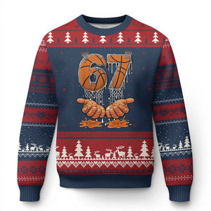 Basketball 67 Six Seven Funny Gen Alpha Meme Drip Ugly Christmas Sweater TS11 Navy Red Print Your Wear