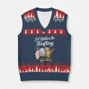 I Would Rather Be Thrifting V-Neck Knit Sweater Vest Funny Shopping Quote Vintage Hunter TS11 Navy Red Print Your Wear