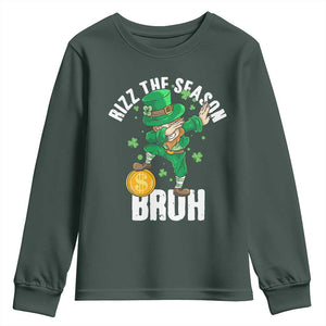 Funny St Patrick's Day Rizz The Season Bruh Youth Sweatshirt Leprechaun Shamrock TS11 Dark Forest Green Print Your Wear