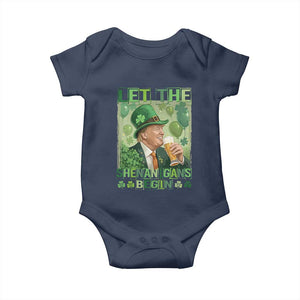 Funny St Patrick's Day Trump Baby Onesie Let The Shenanigans Begin Leprechaun Trump TS11 Navy Print Your Wear