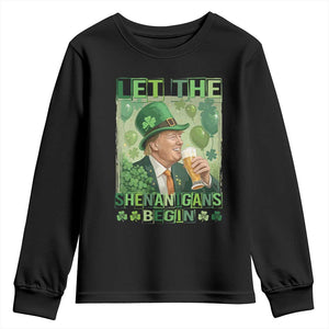 Funny St Patrick's Day Trump Youth Sweatshirt Let The Shenanigans Begin Leprechaun Trump TS11 Black Print Your Wear
