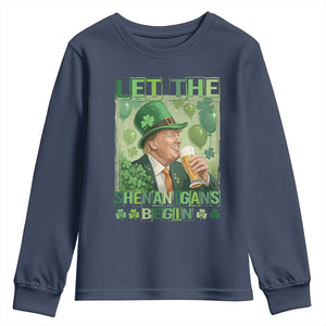 Funny St Patrick's Day Trump Youth Sweatshirt Let The Shenanigans Begin Leprechaun Trump TS11 Navy Print Your Wear