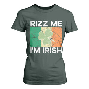 Funny St Patrick's Day Rizz Me I'm Irish T Shirt For Women Shamrock Ireland Flag TS11 Dark Forest Green Print Your Wear