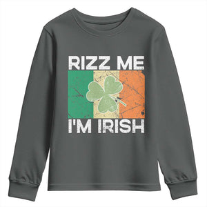 Funny St Patrick's Day Rizz Me I'm Irish Youth Sweatshirt Shamrock Ireland Flag TS11 Dark Heather Print Your Wear