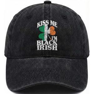 Funny Kiss Me I'm Black Irish Washed Cotton Baseball Cap St Patrick's Day Vintage Shamrock TS11 Print Your Wear