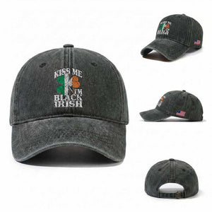 Funny Kiss Me I'm Black Irish Washed Cotton Baseball Cap St Patrick's Day Vintage Shamrock TS11 Washed Cap Universal Fit Dark Green Print Your Wear