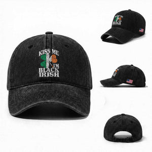 Funny Kiss Me I'm Black Irish Washed Cotton Baseball Cap St Patrick's Day Vintage Shamrock TS11 Washed Cap Universal Fit Black Print Your Wear
