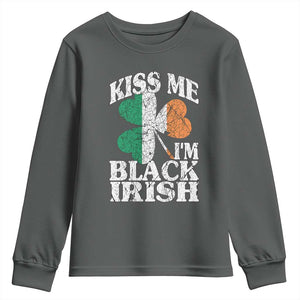 Funny Kiss Me I'm Black Irish Youth Sweatshirt St Patrick's Day Vintage Shamrock TS11 Dark Heather Print Your Wear