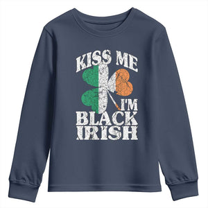 Funny Kiss Me I'm Black Irish Youth Sweatshirt St Patrick's Day Vintage Shamrock TS11 Navy Print Your Wear