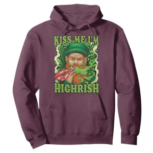 Funny St Patrick's Day Cannabis Weed Hoodie Kiss Me I'm Highrish Leprechaun TS11 Maroon Print Your Wear