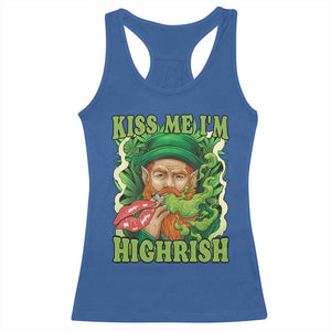 Funny St Patrick's Day Cannabis Weed Racerback Tank Top Kiss Me I'm Highrish Leprechaun TS11 Royal Blue Print Your Wear