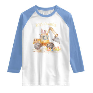 Funny Easter Day Excavator Raglan Shirt Eggs-Cavator Bunny Construction Trucks TS11 White Carolina Blue Print Your Wear