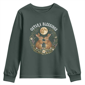 Ostara Blessing Pagan Eostre Easter Day Youth Sweatshirt Spring Moon Rabbit Spring Equinox Festival TS11 Dark Forest Green Print Your Wear