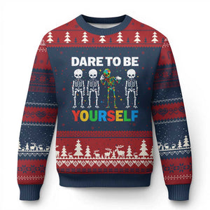 Autism Awareness 67 Ugly Christmas Sweater Dare To Be Yourself Six Seven Autism Skeleton TS11 Navy Red Print Your Wear