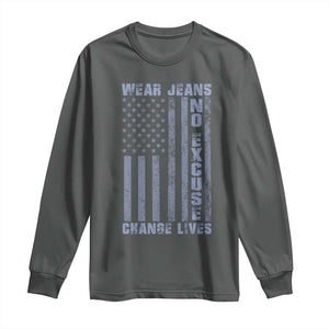 Denim Day Awareness Long Sleeve Shirt Wear Jeans No Excuse Change Lives Vintage American Flag TS11 Dark Heather Print Your Wear