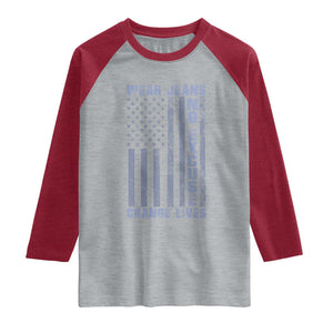 Denim Day Awareness Raglan Shirt Wear Jeans No Excuse Change Lives Vintage American Flag TS11 Heather Gray Heather Red Print Your Wear