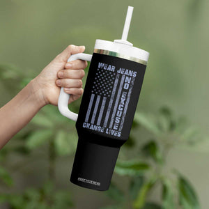 Denim Day Awareness Tumbler With Handle Wear Jeans No Excuse Change Lives Vintage American Flag TS11 Print Your Wear