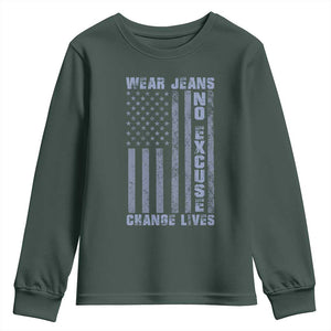 Denim Day Awareness Youth Sweatshirt Wear Jeans No Excuse Change Lives Vintage American Flag TS11 Dark Forest Green Print Your Wear