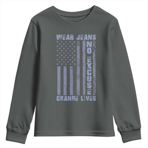 Denim Day Awareness Youth Sweatshirt Wear Jeans No Excuse Change Lives Vintage American Flag TS11 Dark Heather Print Your Wear