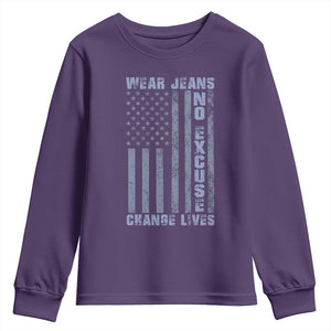 Denim Day Awareness Youth Sweatshirt Wear Jeans No Excuse Change Lives Vintage American Flag TS11 Purple Print Your Wear