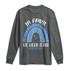 Denim Day Awareness Long Sleeve Shirt In April We Wear Jeans Rainbow TS11 Dark Heather Print Your Wear